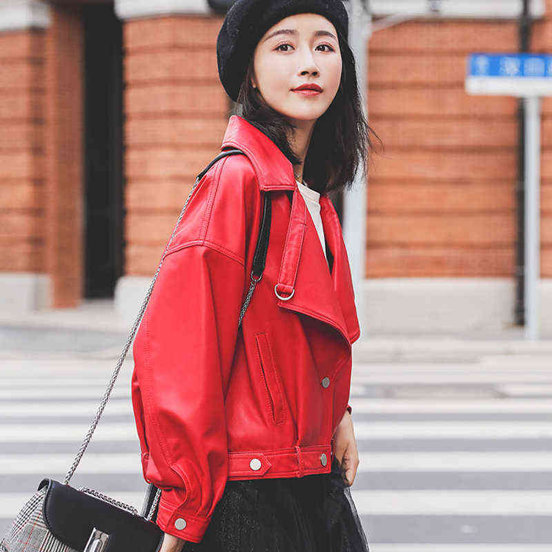 Autumn Faux Leather Jacket Women Loose Turndown Collar Ladies Biker Punk Jackets Single Breasted Motorcycle Leather Coats 211130