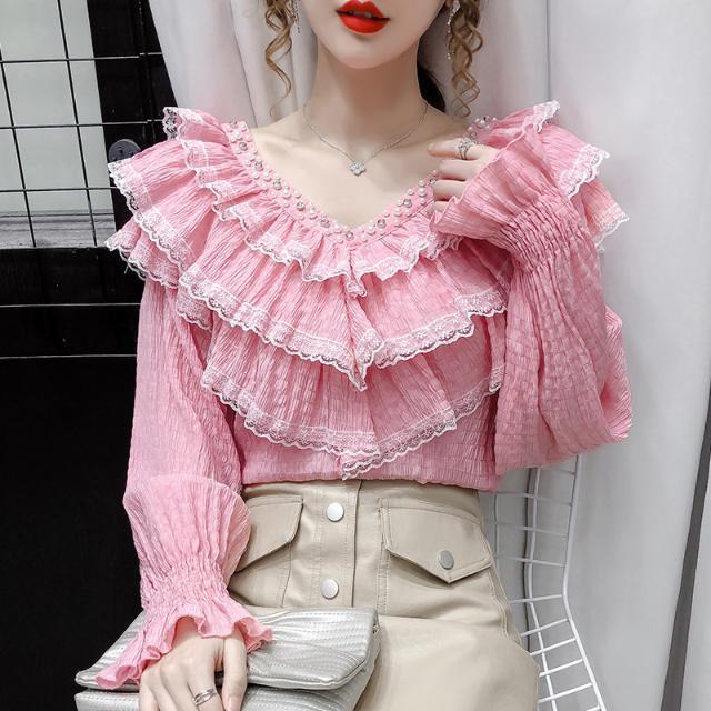 Wonder Spring Fall Korean Style Blouse Sexy Beading Patchwork Lace Ruffles Tops Ropa Mujer Flare Sleeve Shirts 210510