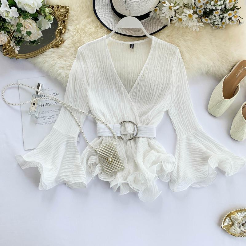 Gagaok Women Office Lady Chiffon Blouse Spring Autumn Solid VNeck Flare Sleeve Sashes Slim Chic Wild Female Fashion Shirts 210401