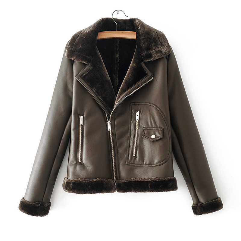 Ly Varey Lin Winter Faux Lamb Leather Jacket Women Warm Lambs Wool Fur Collar Overcoat Army Green Zipper Outwear 210526