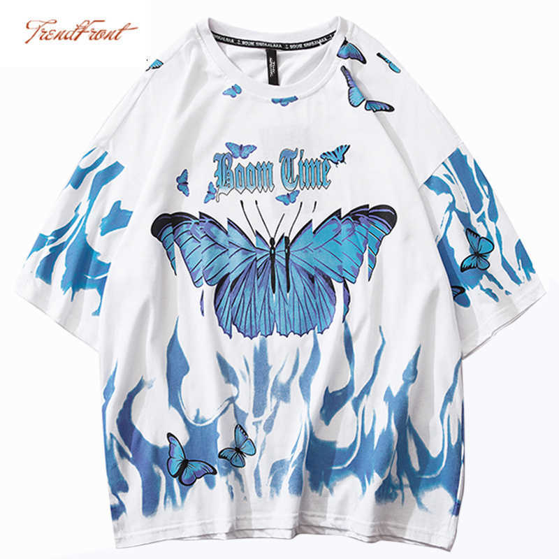 Mens Hip Hop T Shirts Blue Fire Flame Butterfly Streetwear Tshirt Harajuku Summer Short Sleeve T-Shirt Cotton Tops Tees 210715