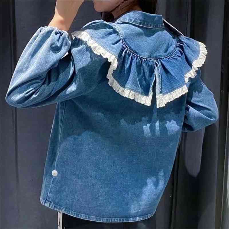 Elegant Women Blue Denim Shirts Fashion Ladies Lace Ruffles Tops Sweet Female Chic Turn Down Collar Blouses 210527