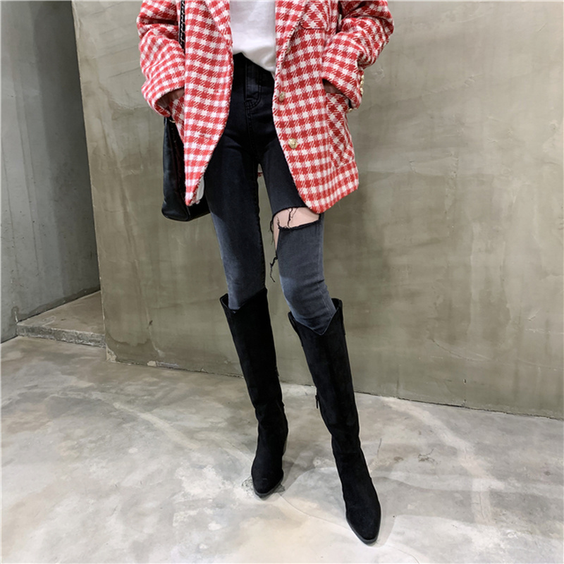 Washed Gray Single Leg Cut Slimming Burr Feet Jeans for Women Korean Style Pants High Waist 10414 210518