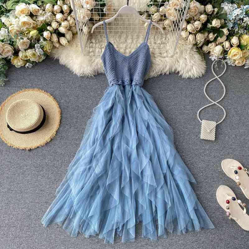 Bohemian Knitted Sexy V Neck Spaghetti Strap Summer Midi Long Dress Asymmetrical Women Casual Beach Irregular Dress 210521