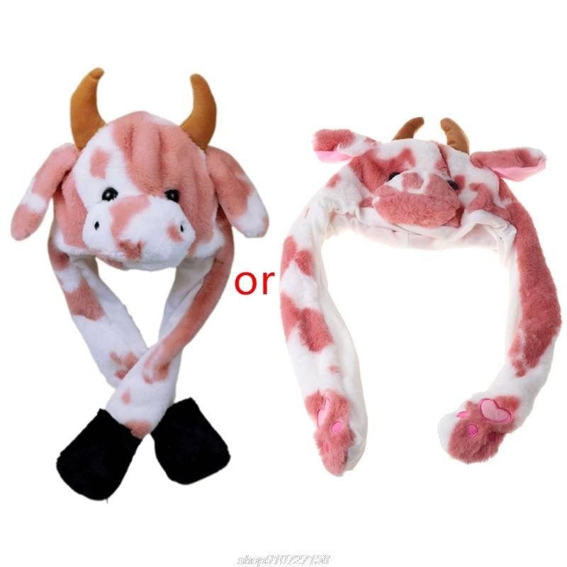 Beanie/Skull Caps LED Light Up Plush Animal Hat With Moving Jumping Ears Multicolor Cartoon Milk Cow Earflap Cap Stuffed Toys JY08 21 Dropsh