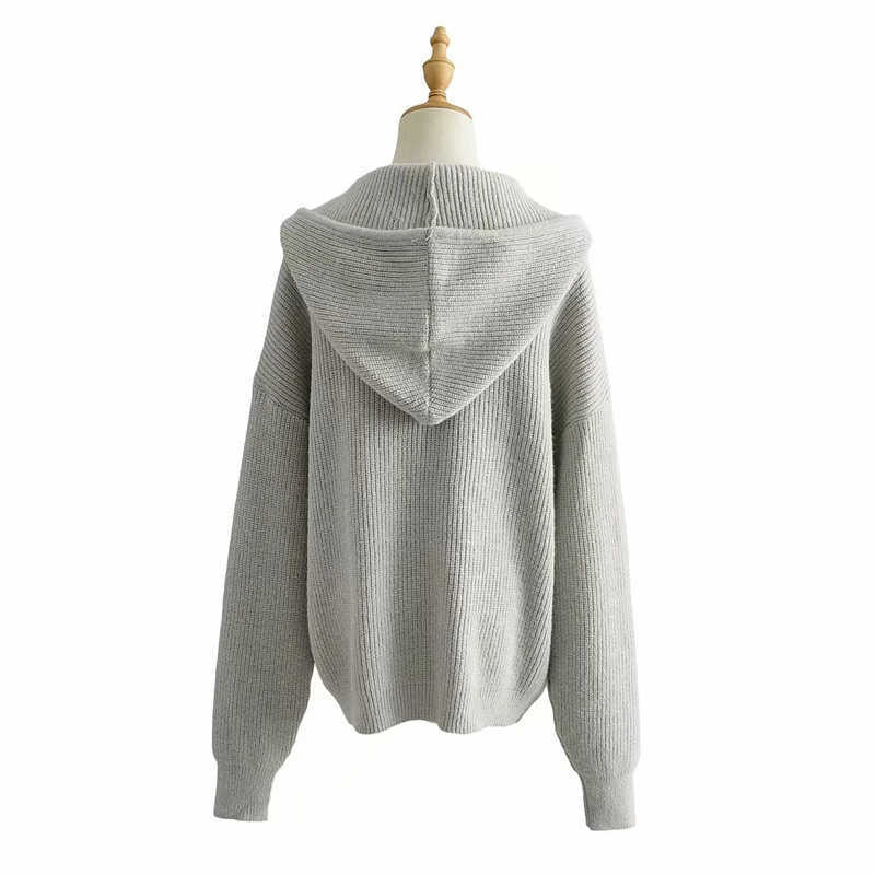 Women Drop Shoulder Zip Up Slouchy Knit Hooded Cardigan Chunky Relaxed 210914