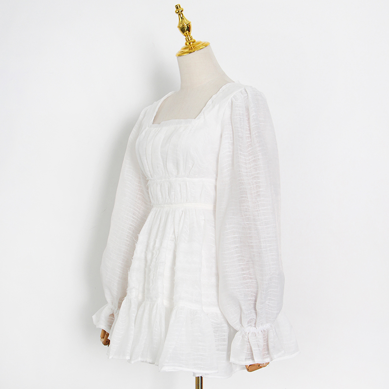 Temperament Minimalist White Dress For Women Square Collar Long Sleeve High Waist Mini Dresses Female Fashion 210520