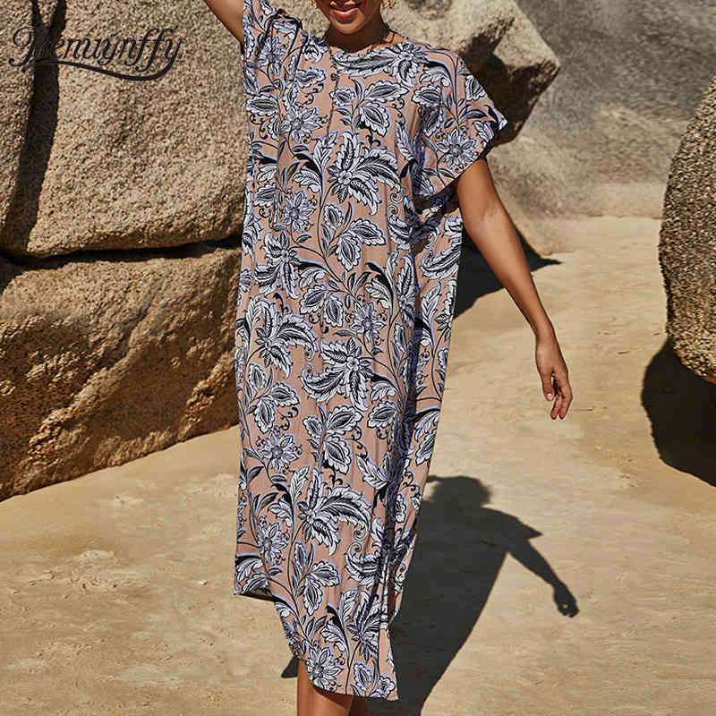 Crew Neck Tie Back Print Loose Dresses Women Summer Raglan Slevee Beach Style Casual Split Long Dress 210510