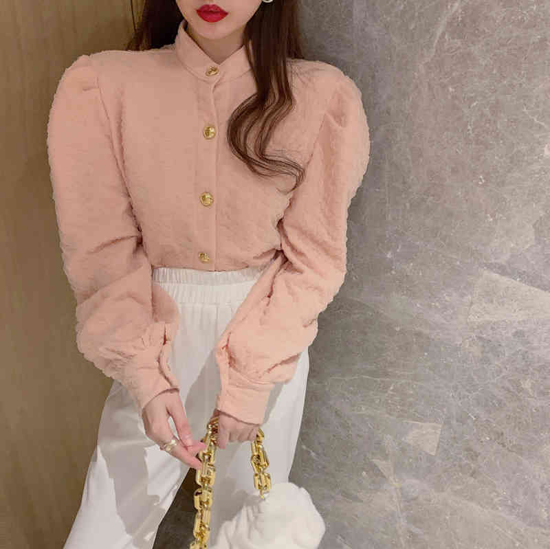 Nomikuma Women Blouse Causal Puff Sleeve Stand Neck Shirt Korean Single Breasted Blusas Femme Spring New Tops 6D976 210427