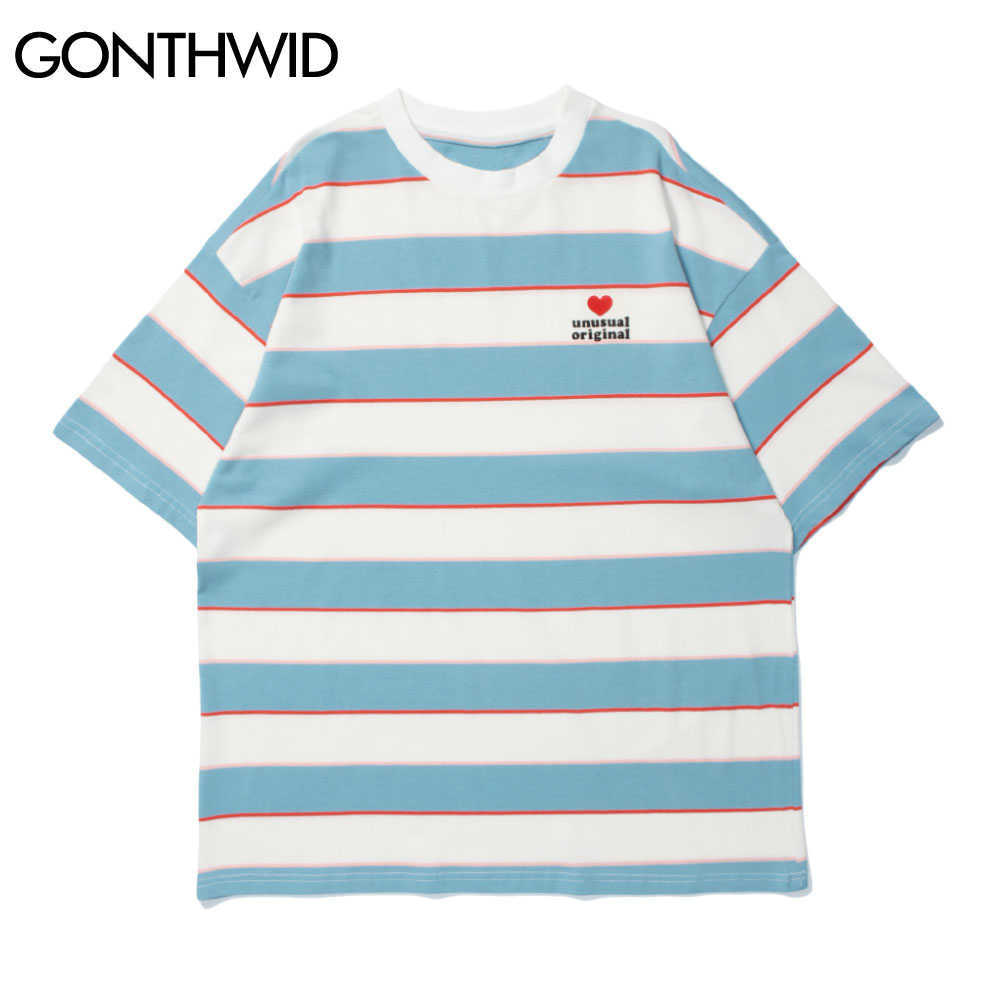 GONTHWID Tshirts Streetwear Hip Hop Color Striped Summer Tees Shirts Men Harajuku Fashion Casual Cotton Loose Short Sleeve Tops 210629