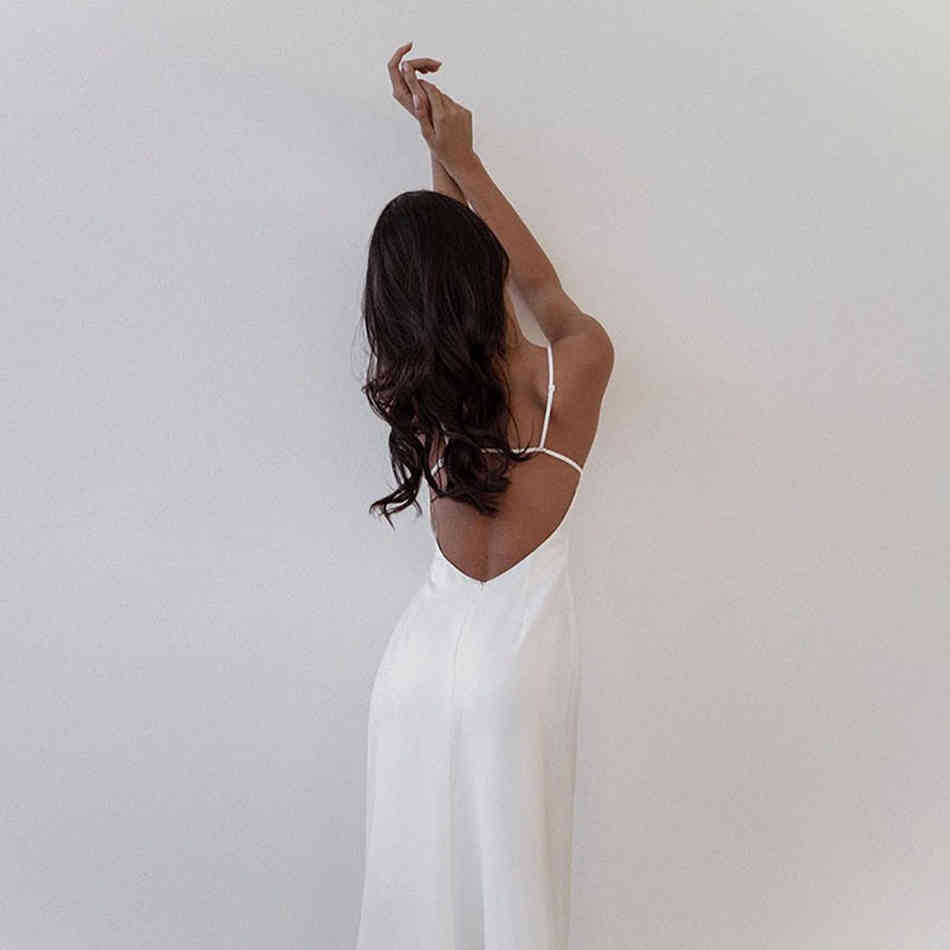 Summer Fashion White Spaghetti Strap Dress For Women Sexy V Neck Backless Celebrity Evening Club Party Midi 210423