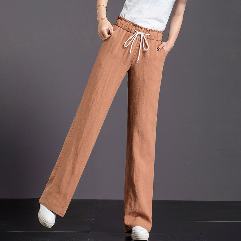 Spring Fashion Women Wide Leg Pants Plus Size Casual Trousers Drawstring High Waist cotton linen Loose Long D156 210512