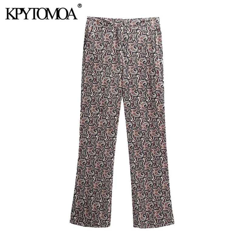 Women Fashion Paisley Print Side Pockets Velvet Pants High Waist Zipper Fly Female Ankle Trousers Mujer 210420