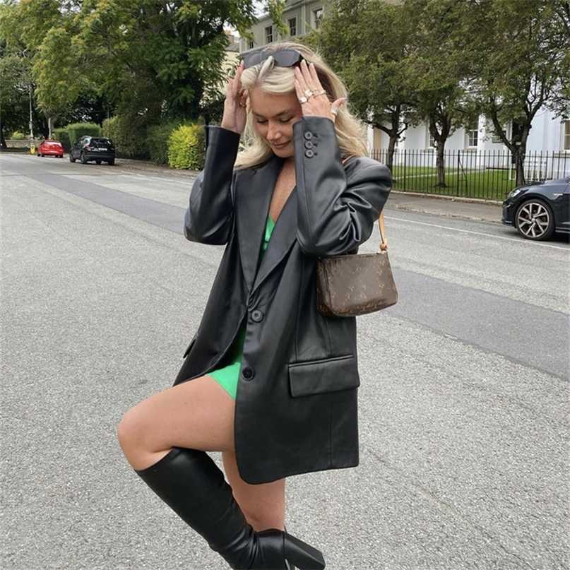 Woman Vintage Black Basic Leather Blazer Autumn Casual Female Solid Long Sleeve Pu Outwear Ladies Cool Straight Blazers 211122