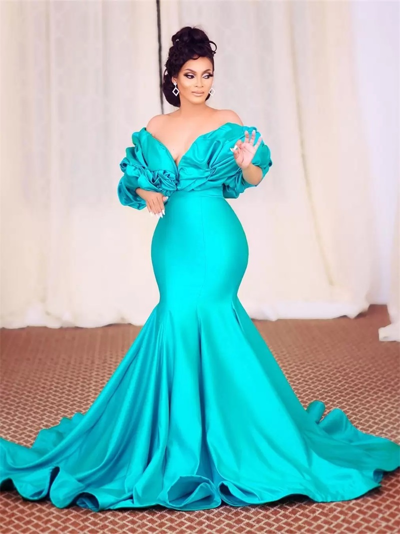 Tiffany Blue Mermaid Evening Dresses Off Shoulder Puffy Ruffles Sleeves Sweep Train Custom Made Formal Party Robe De Mariée, White
Tiffany Blue Mermaid Evening Dresses Off Shoulder Puffy Ruffles Sleeves Sweep Train Custom Made Formal Party Robe De Mariée, White
