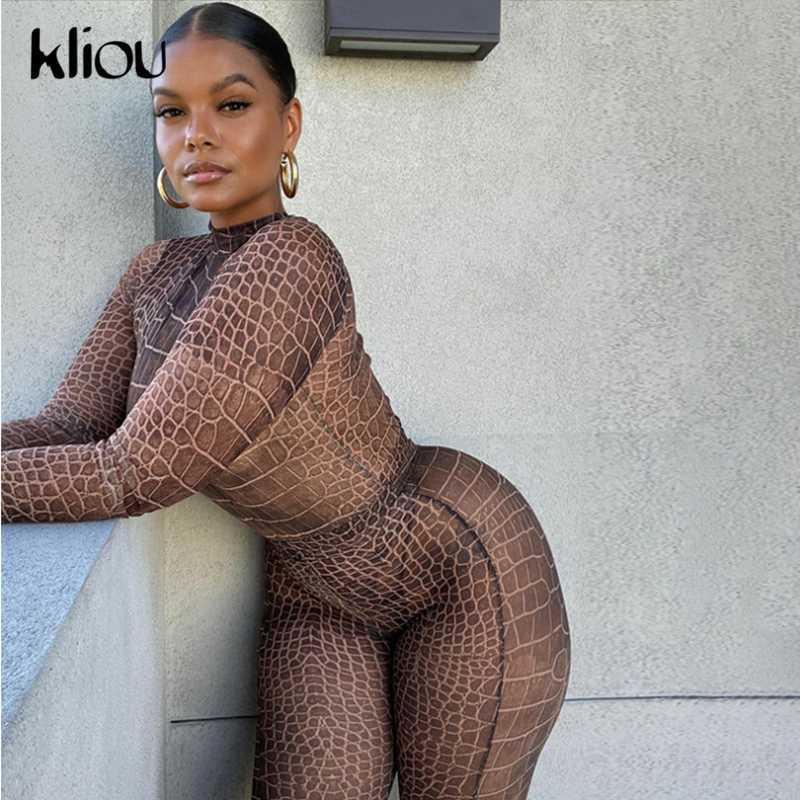 Kliou Plaid Mesh See Through Skinny Two Piece Outfits Women Sexy Hot Long Sleeve Bodysuit And Pants Party Clubwear Matching Sets Y0625