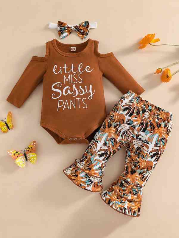 Baby Slogan Graphic Cold Shoulder Bodysuit & Tropical Print Flare Leg Pants With Headband SHE