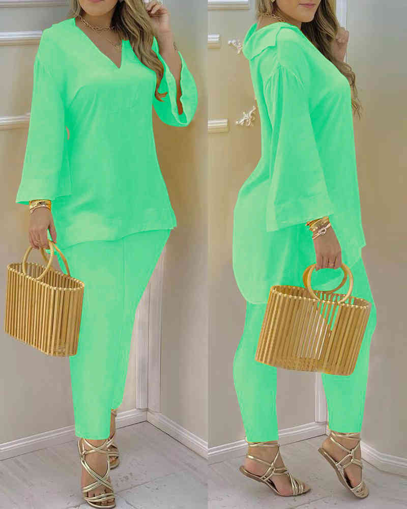 Spring Autumn Women 2Pcs Plain Bell Sleeve V-Neck Top & Pant Set Lady Casual Long Sleeve Solid Blouse & Trousers Suit Set 210415