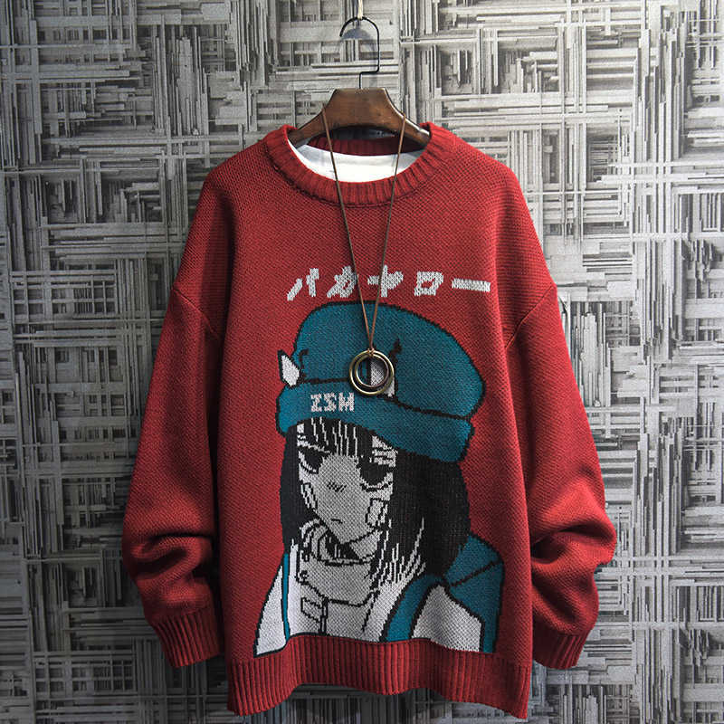 Couple Cartoon Print Sweater Japanese Knitting Pullovers Round Neck Loose Casual Lazy Autumn Winter Knitted Pullover Sweater 211018