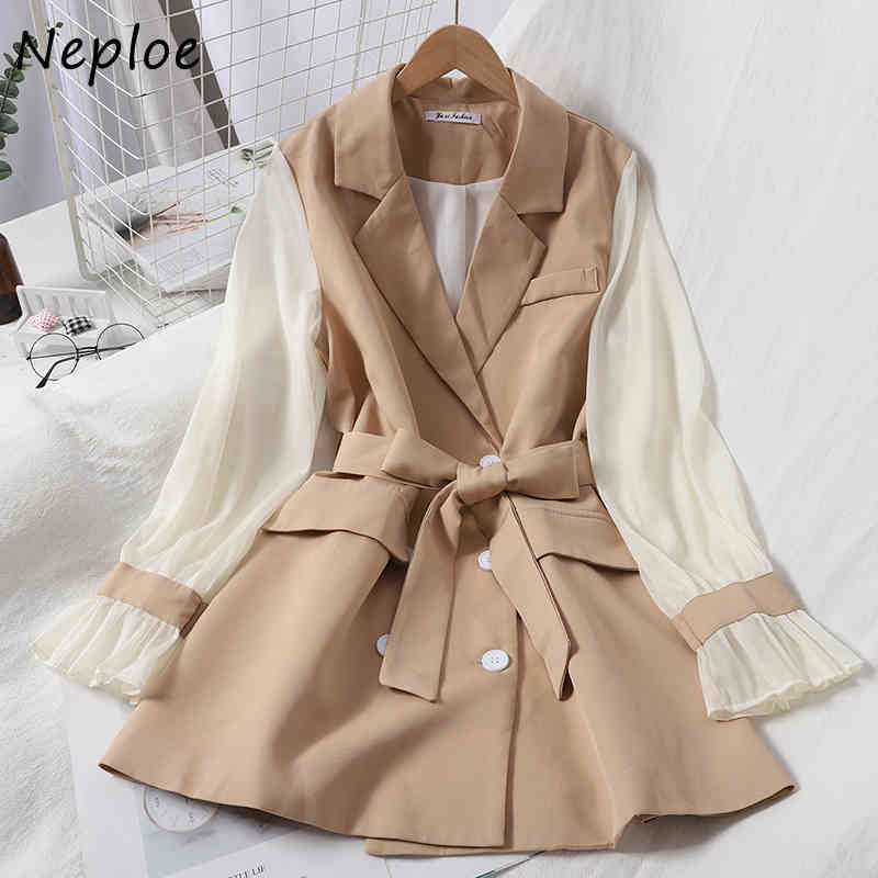 Neploe Women Dress Autumn Fashion Patchwork Chiffon Long Sleeve Sashes Temperament Notched Collar Korean Gentleness Dresses 210422