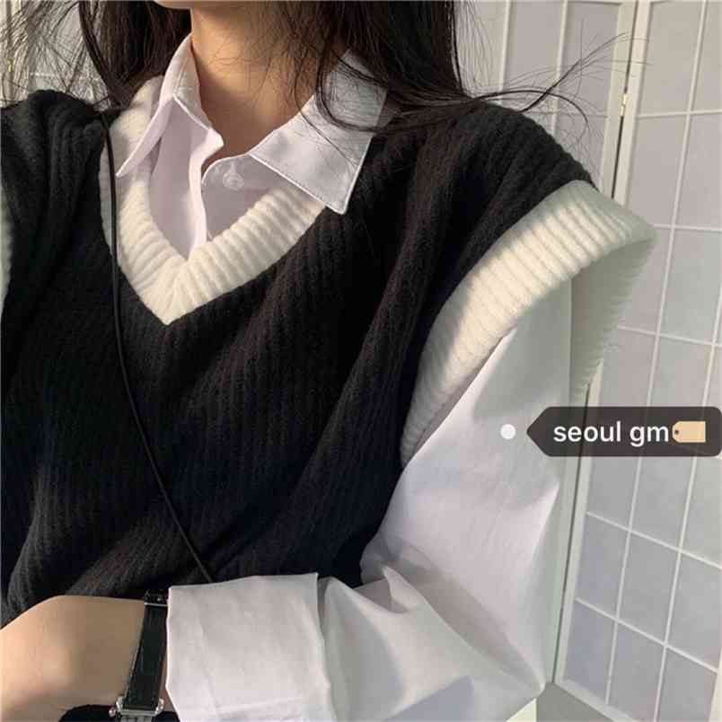 student tide stitching Korean style spring and autumn hit color wild V-neck vest sweater top women 210427