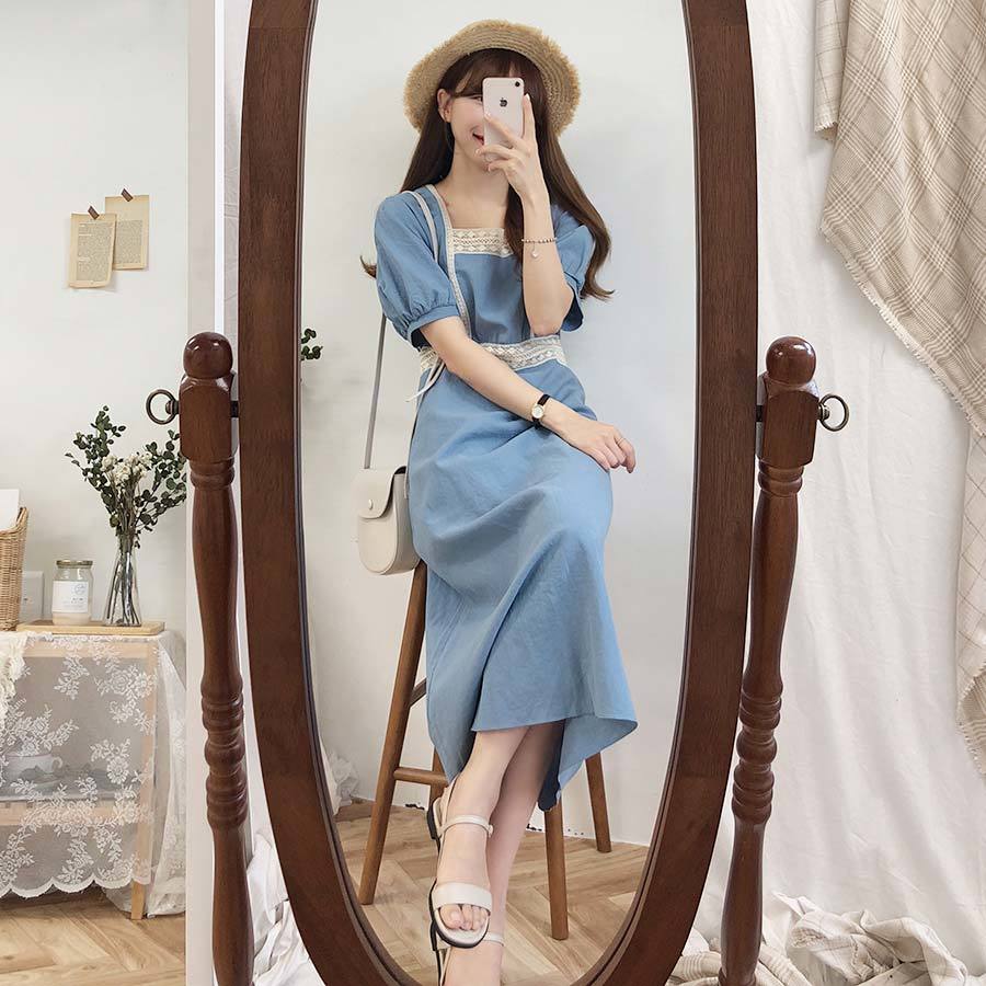 Plus size Summer Girls Boho Party Cotton Linen Female Vintage Dress Blue Short Sleeve Women Dresses Femme Vestido 210417Z