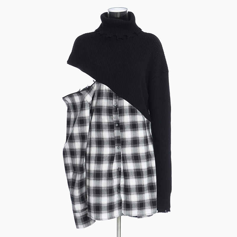 Patchwork Plaid Women Dress Turtleneck Long Sleeve Casual Mini Knitted Dresses Female Fashion Clothes Fall 210520