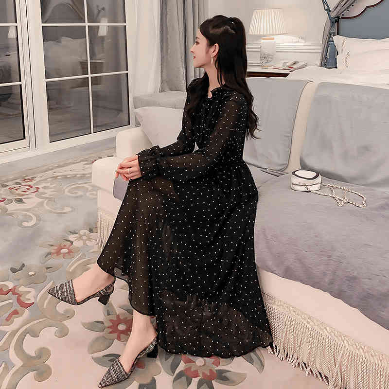Vestidos De Verano Spring Korean Version Polka Dot Mullet Edge Chiffon Mid Long Dress and Autumn Bottom 8541 50 210508