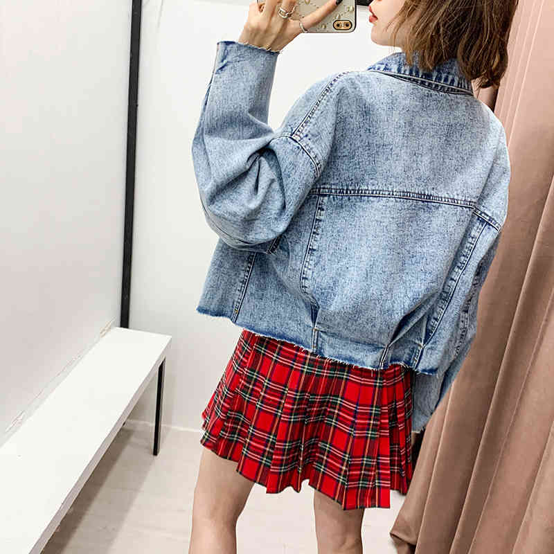 Fashion Blue Denim Jacket Women Loose Long Sleeve Pockets Single Breasted Coat Turn Down Collar Casual Short Jackets 210414