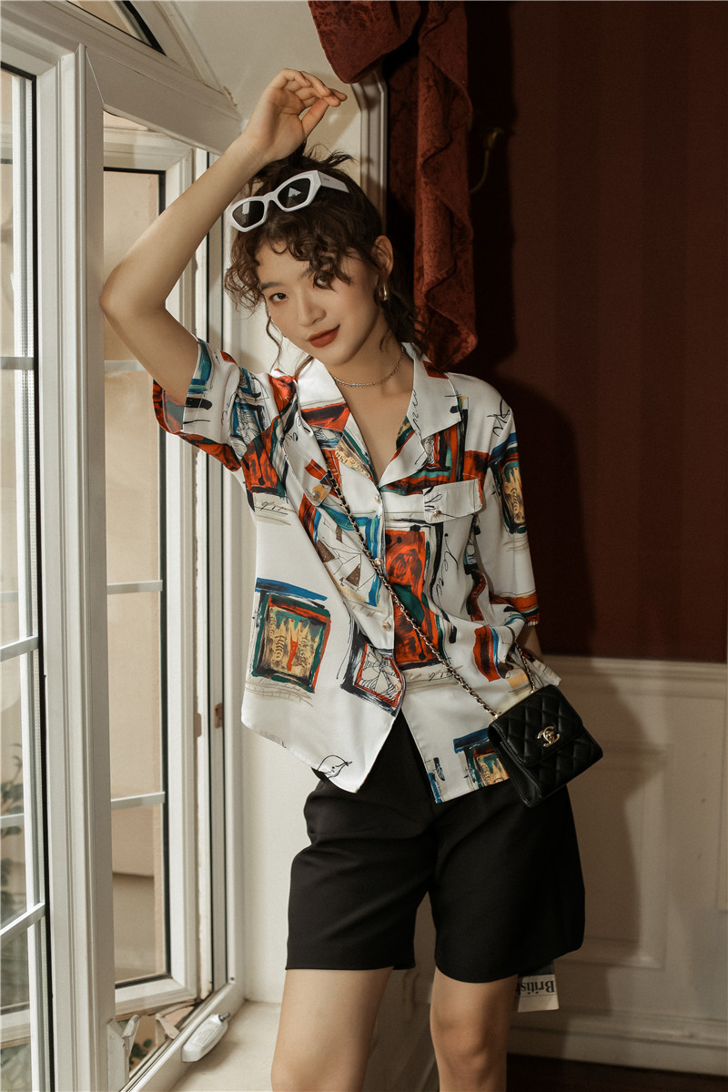 Baroque Vintage Blouse Summer Short Sleeve Button Up Shirt Print Loose Notched Collared Top And Clothing 210427