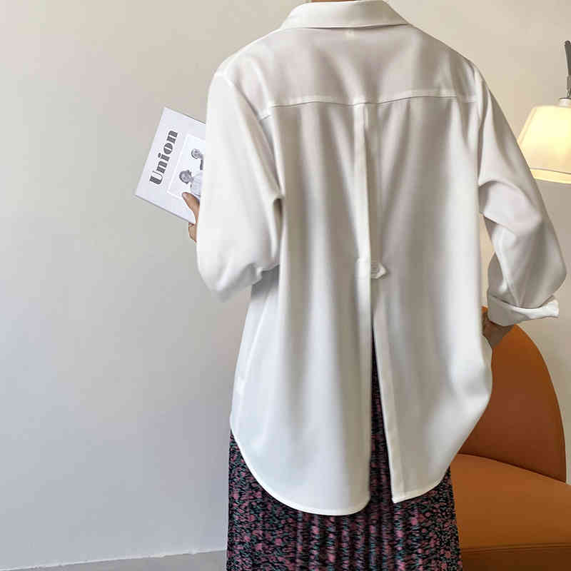 Back Slit Blouse Women's Spring Lapel Loose Single Breasted Long Sleeve Temperament Simple Shirt Female 5C12 210427