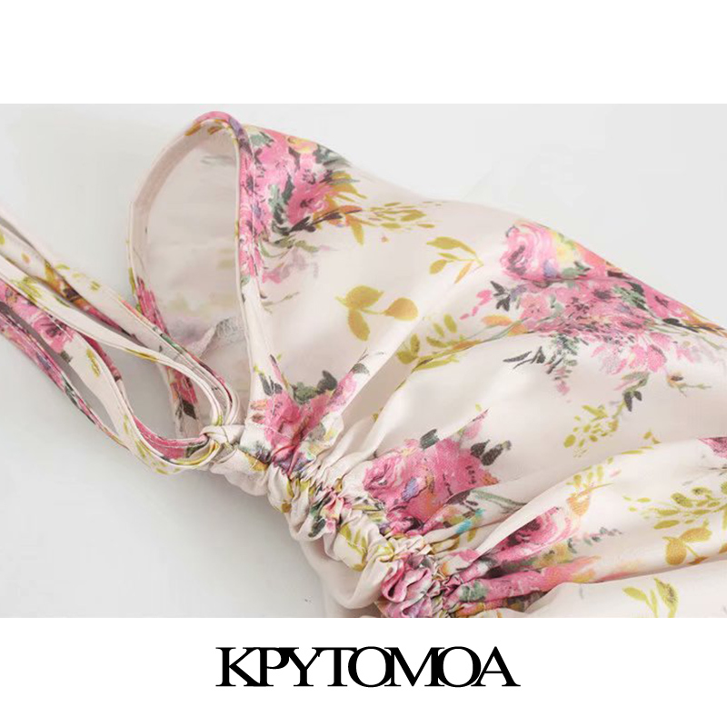 Women Chic Fashion Floral Print Midi Dress Drawstring Three Quarter Sleeve Slit Female Dresses Vestidos 210420