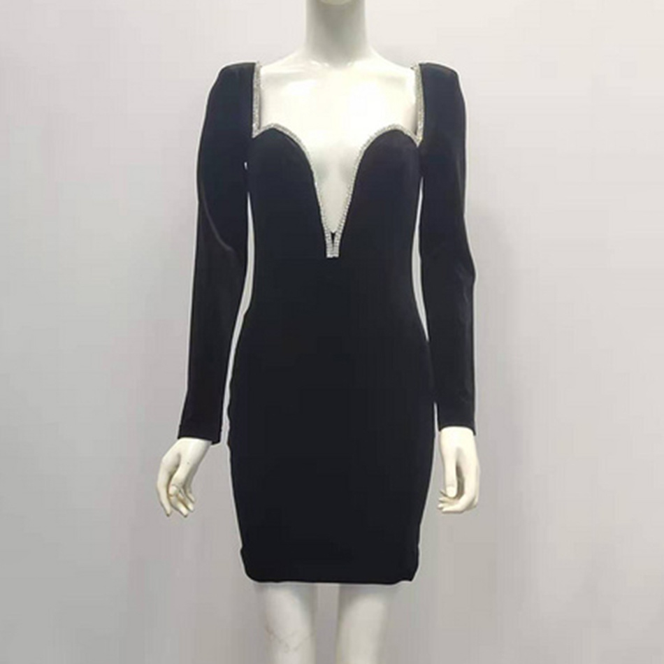 Summer High Quality Black Sexy Celebrity Long Sleeve Deep V Neck Tight Dress Elegant Club Party Vestidos 210525