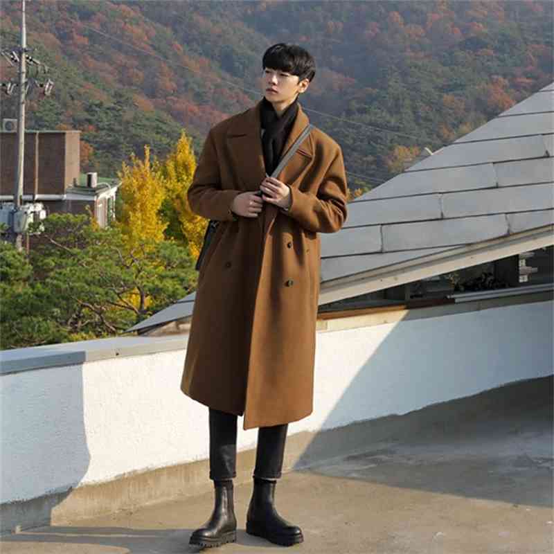 IEFB /men's wear mid-length woolen coat men's autumn winter thickened woolen coat fashion double breasted long coat 9Y3900 210524