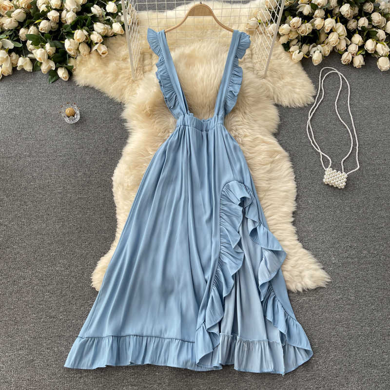 DEAT Women Ruffles Asymmetrical Strap Dress Sleeveless Arrivals Lady Temperament Fashion Spring Summer 11D568 210709