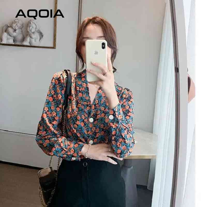 Spring Chic Korean style Long Sleeve Women Blouse Floral Button Up Notched Collar Office Ladies Work Shirt Tunic Tops 210521