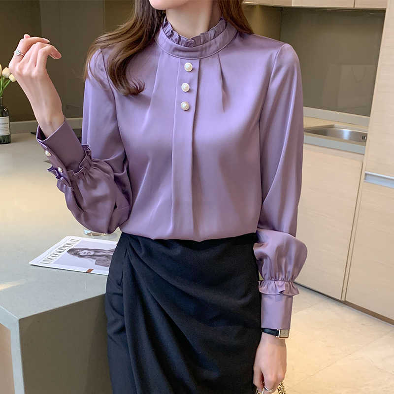 Korean Women Silk Blouses Shirts Woman Satin Tops Long Sleeve Beading Blouse Shirt Ladies 210604