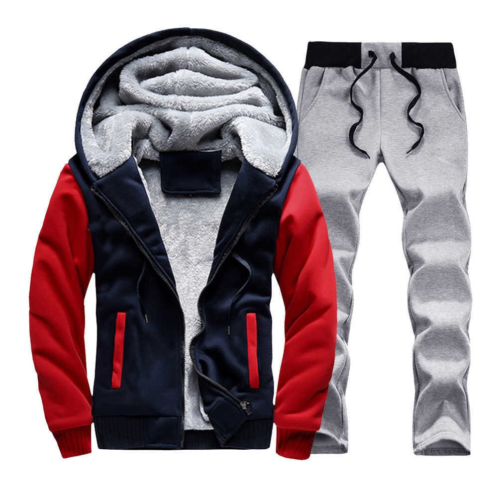 Winter Men Set Thick Warm Mens Jacket Hoodies2PC Pants Suit Man Hooded Sportswear Fleece Patchwork Sweatshirt Zipper SportsSuit 210603
