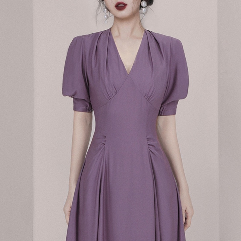 Women's Summer Office Lady Slim Elegant Vintage Dress Sexy V Neck Women Puff Sleeve Purple Vestidos 210520
