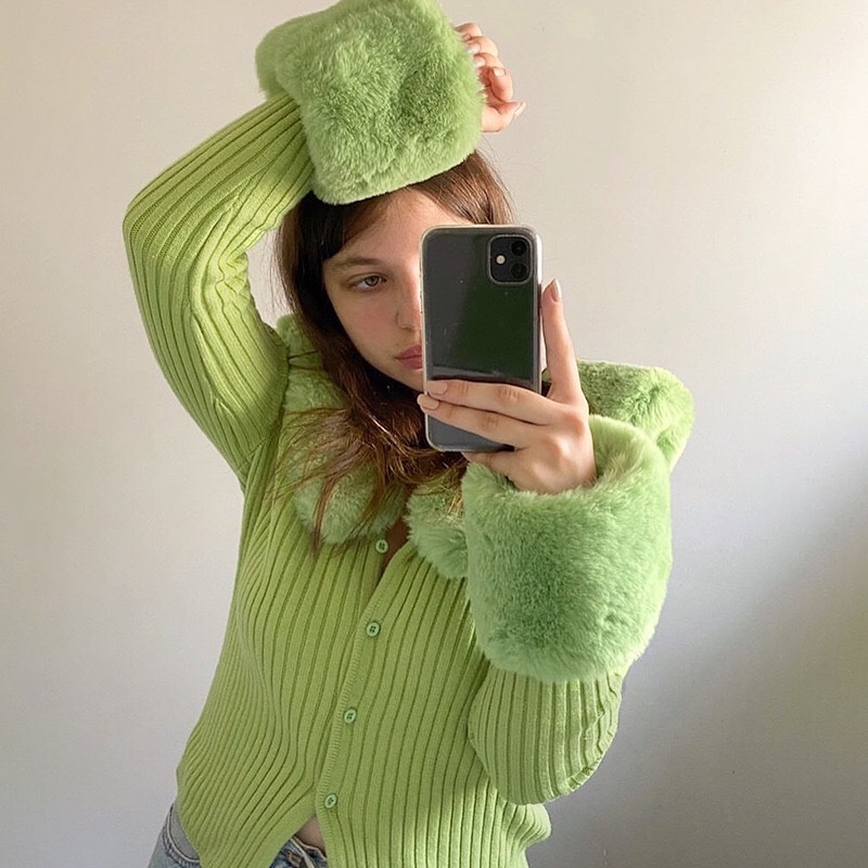 Vintage Removable Faux Fur Lapel Knitting Cardigan Women Buttons Long Sleeve Crop Sweater Twist Stripe Jumper Short Knitwear 210429