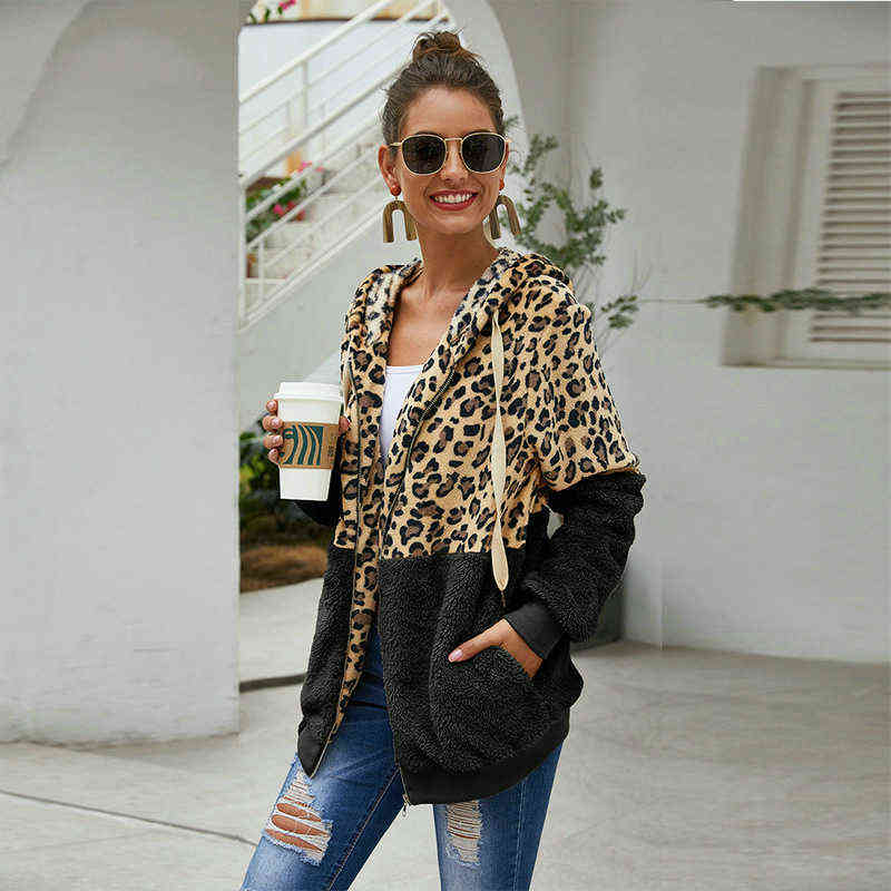 Autumn Winter Leopard Sweatshirts Women Long Sleeve Hooded Hoodies Casual Zipper Hoodie Top Warm Coat Polerones Mujer 211109