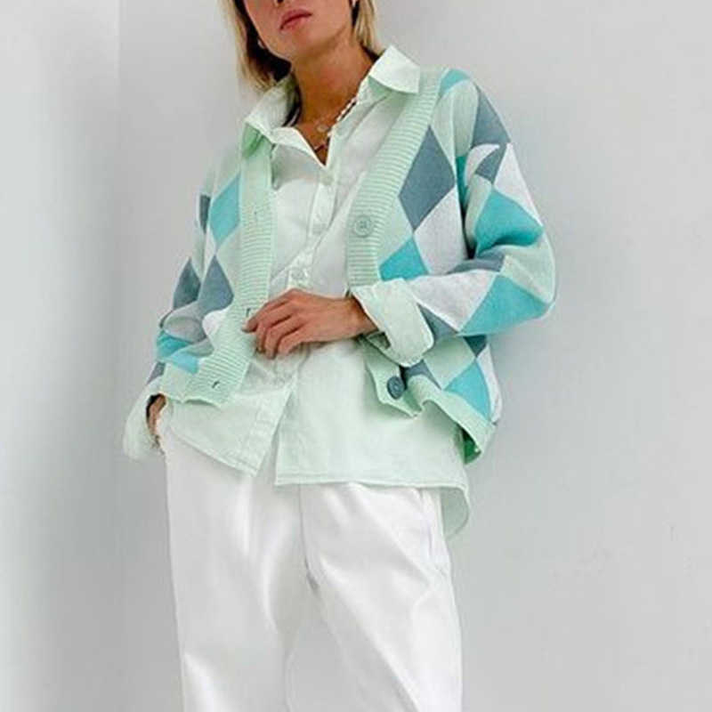 Women Color Block Argyle Plaid Sweaters Fashion V-Neck Long Sleeve Knitted Cardigan Sweater Autumn Sweet Ladies Knitwear Coat 210928