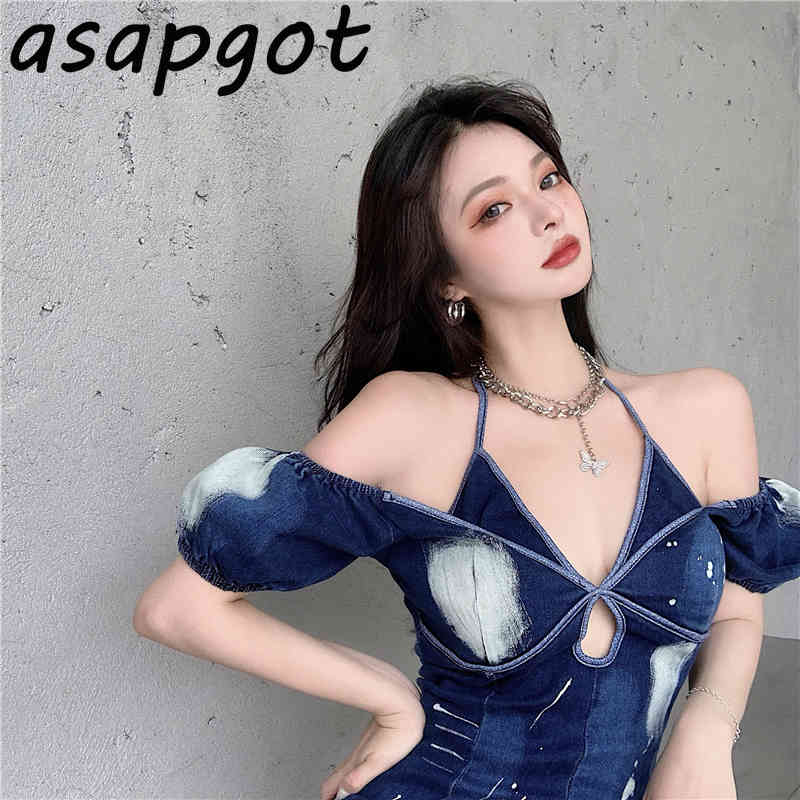 Dresses Sexy Spaghetti Strap Off The Shoulder Blue Denim Tie Dyed Dress Women Halter Party Vintage Vestido De Mujer Hollow Out 210429