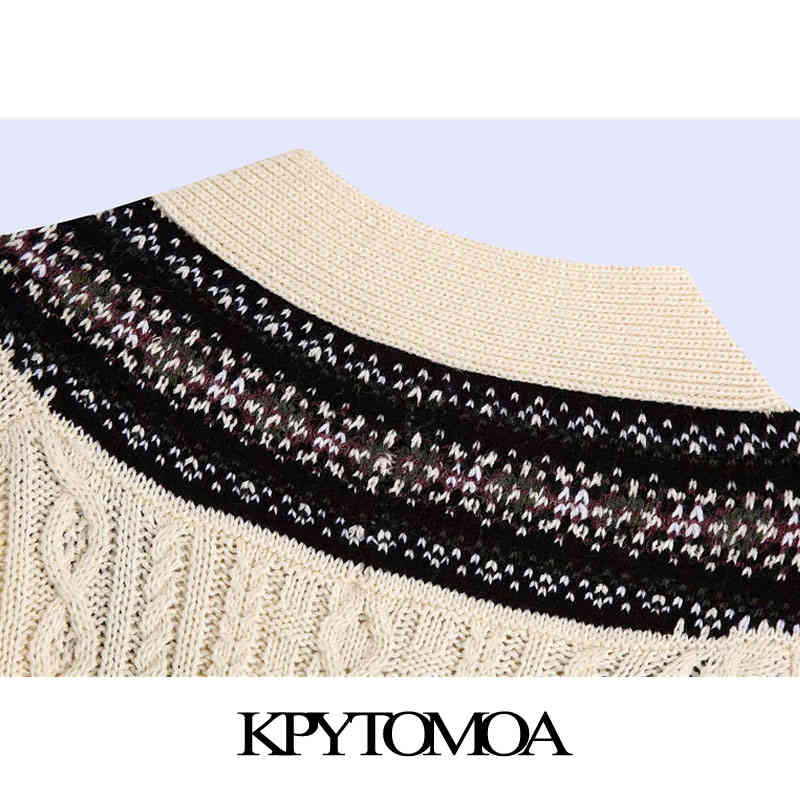 Women Fashion Oversized Jacquard Cable-knit Sweater V Neck Long Sleeve Female Pullovers Chic Tops 210420