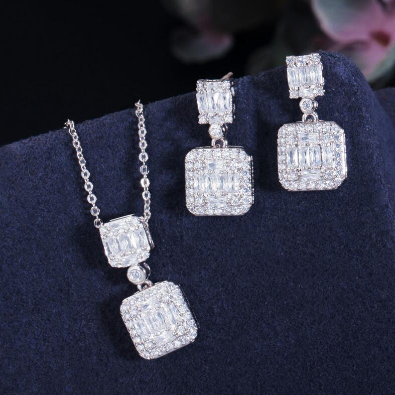 Ins Top Sell Luxury Jewelry Set 925 Sterling Silver T Princess Cut White Topaz CZ Diamond Gemstones Party Handmade Women Dangle Earring Clavicle Neckl