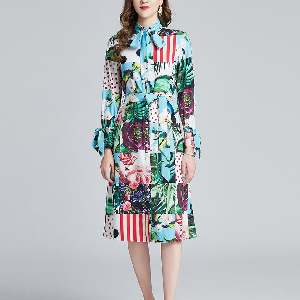 spring summer arrival green rose flower bow collar long sleeve midi dress for women lady causal daily dresses 210421