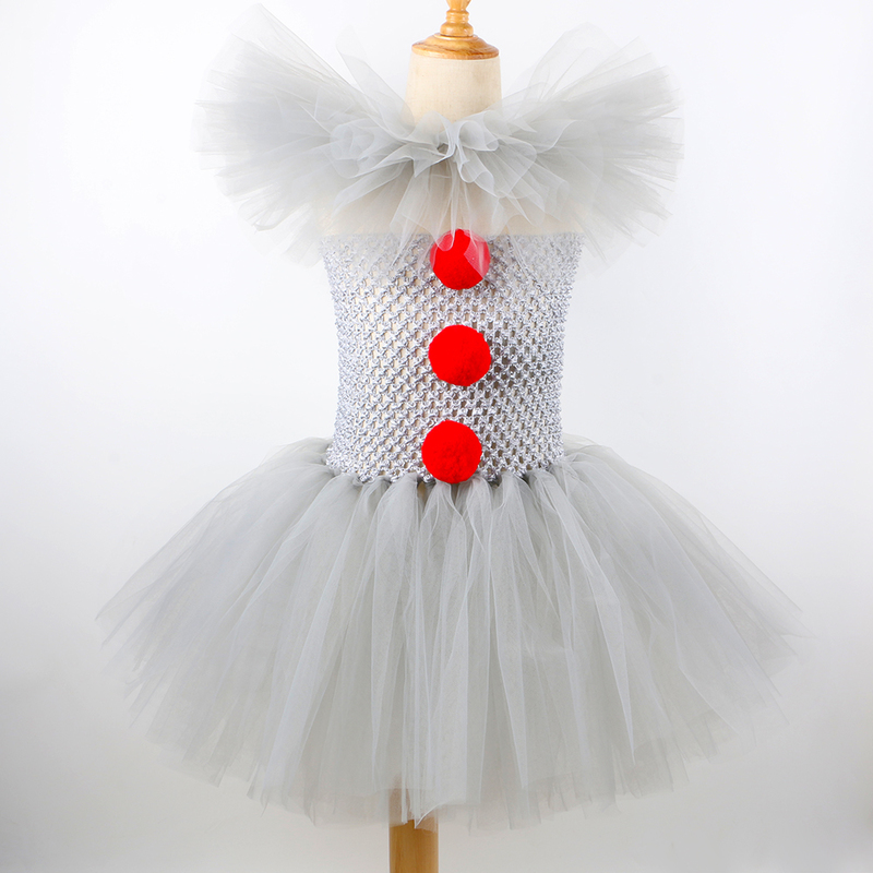 Joker Pennywise Cosplay Costume for Girl Halloween Party Herror Clown Dress Up Kids Fancy Tutu Dress Clothes with Collar Hairpin 220225
