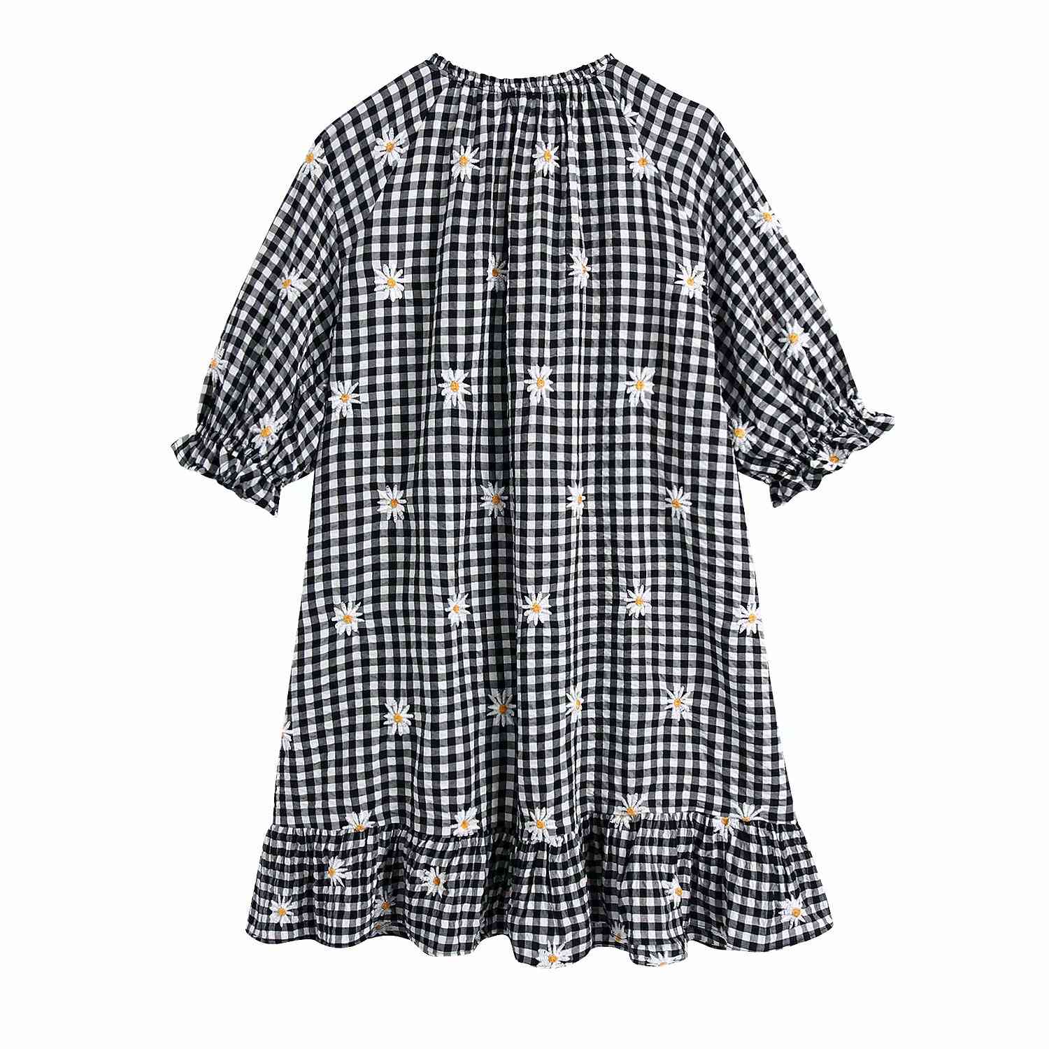 Women Plaid Dress Floral Embroidery Short Sleeve O-Neck Above Knee Dresses Chic Lady Casual Fashion Clothes 210517