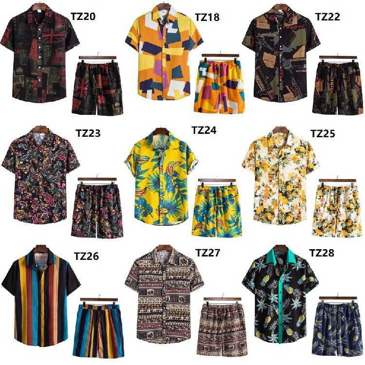 Men Sets Hawaiian Floral Print Shirt Set 2 Pieces Outfit +Beach Shorts Casual Wear Holiday Suits Summer Male Streetwear 210603