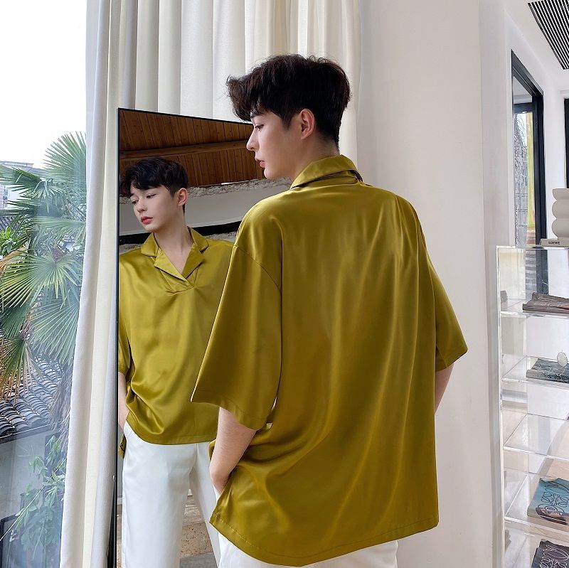 IEFB /men's wear Personalized fashion satin loose comfortable pullover shirt short sleeve korean tops male summer Y2573 210524